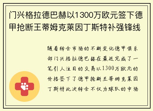 门兴格拉德巴赫以1300万欧元签下德甲抢断王蒂姆克莱因丁斯特补强锋线