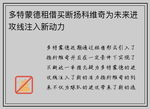 多特蒙德租借买断扬科维奇为未来进攻线注入新动力
